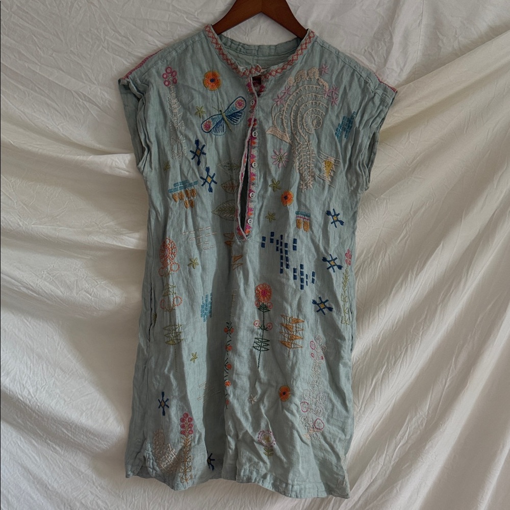 Johnny Was Light Blue Embroidered Mini Dress